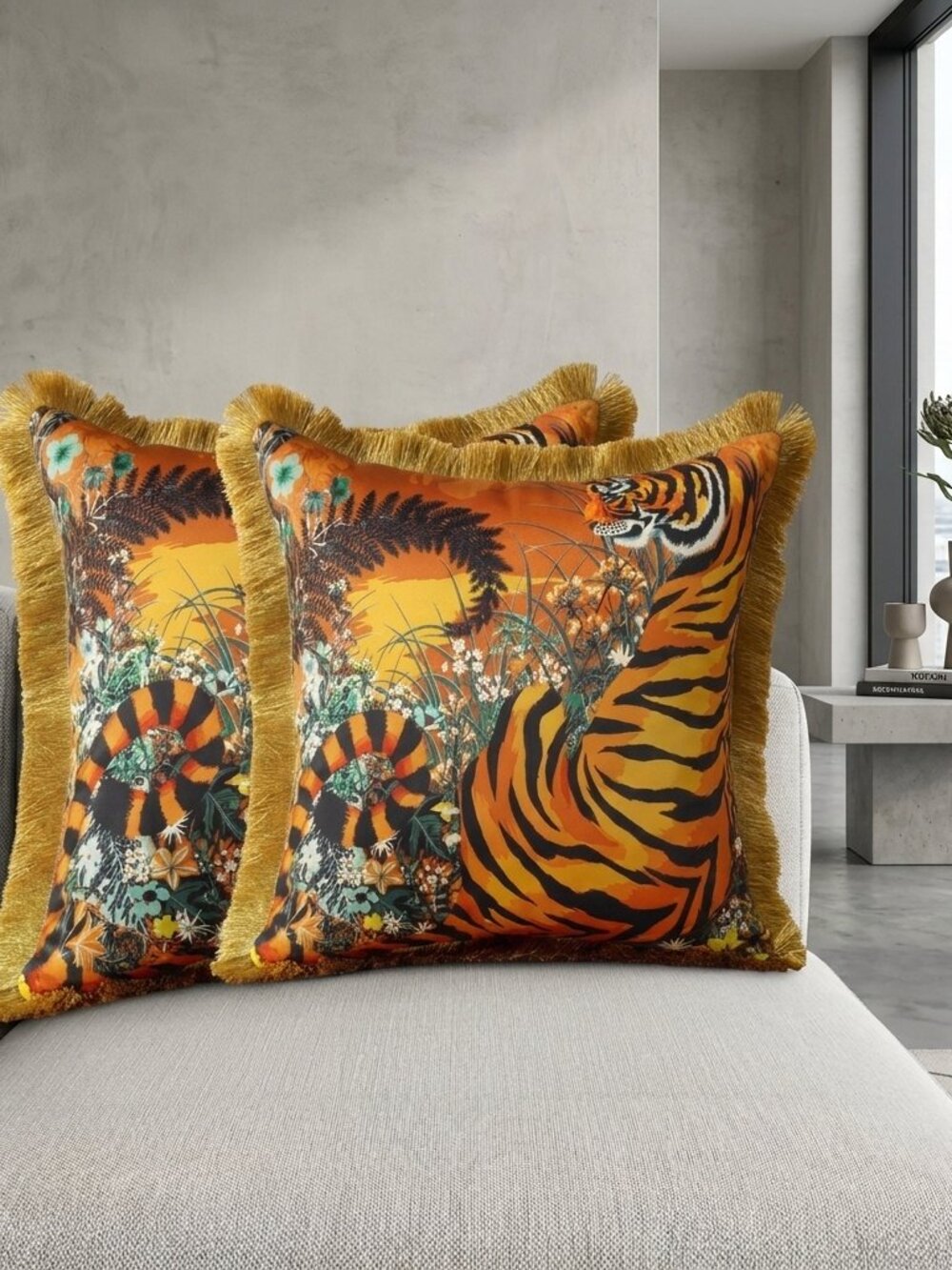 2 pcs NEW Bold & Luxe tiger jungle animal Fringe Throw Pillow case Cover Set